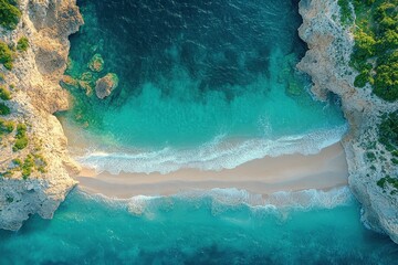 Serene aerial view of a secluded beach with turquoise waters and rocky cliffs during daylight hours