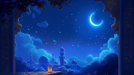Naklejka premium Enchanted Night Sky Over Mystical Middle Eastern Cityscape
