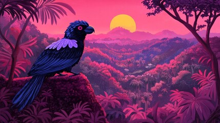 Fototapeta premium A vibrant, stylized parrot perched on a rock overlooking a sunset jungle vista