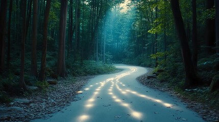 Obraz premium A mystical forest path is illuminated by soft glowing lights, creating an enchanting scene. Tall trees frame the winding road under the serene glow of twilight.