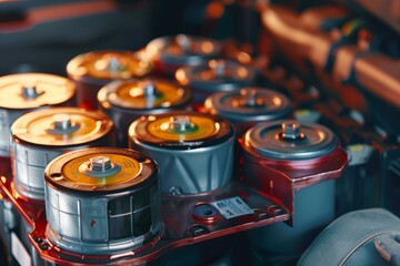 Close up of an electric vehicle battery pack revealing cylindrical cells, highlighting the core component of modern electric transportation