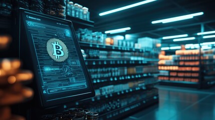 Obraz premium Bitcoin Cryptocurrency Payment System In Grocery Store