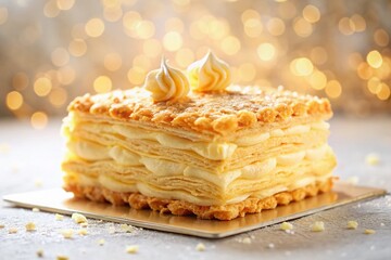 Delicious Napoleon Cake Isolated on White Background with Bokeh Effect