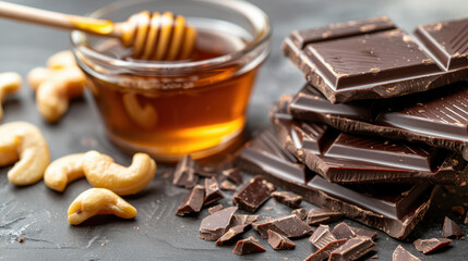A close-up of cashew nuts, rich dark chocolate pieces, and a glass jar of golden honey with a wooden dipper, placed on a textured dark surface.
