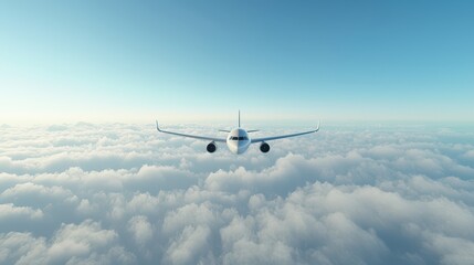Fototapeta premium Majestic Airplane Gliding Through Soft, Fluffy Clouds in Clear Blue Sky