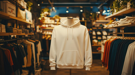  A white hoodie elegantly displayed on a rack in a modern clothing store