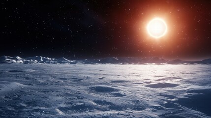 Expansive View of Alien Landscape under Glowing Sun with Starry Sky and Icy Surface
