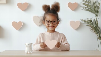 Smiling african child holding heart cutout with stuffed bear and heart decorations