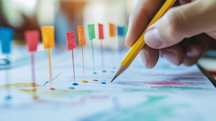  A businessman uses a pencil to sketch a workflow line, marking key milestones with achievement flags, representing a clear roadmap for success