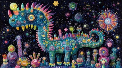 Obraz premium A whimsical, cosmic dinosaur composed of vibrant, miniature creatures and celestial bodies