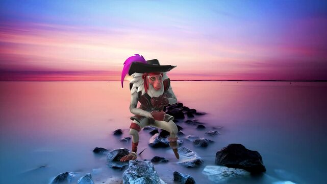 Monkey Dancing Scene Beside Sea 3D Model Rendering Animation on Green Screen