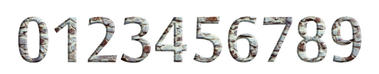 Stone number embossed font from 0 to 9, isolated on white background. Numbers and symbols. Textured materials.
