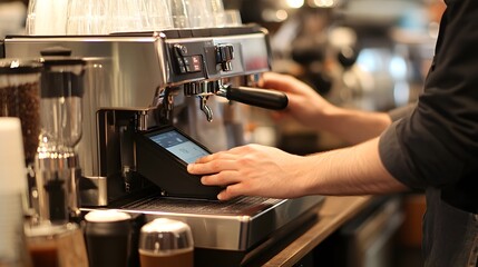 Barista operating a modern espresso machine during coffee preparation