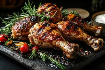 Grilled chicken drumsticks garnished with fresh rosemary and cherry tomatoes, showcasing a mouthwatering barbecue spread.