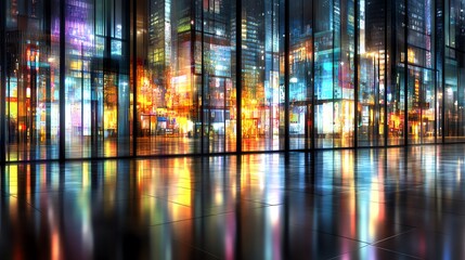 Fototapeta premium Vibrant urban cityscape with colorful reflections on glass buildings, capturing the essence of modern architecture and nightlife in a bustling metropolis.
