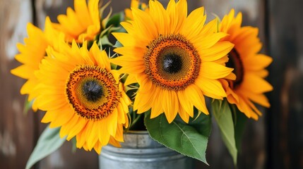 Obraz premium Bright Yellow Sunflowers in a Rustic Metal Vase