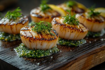 Grilled scallops on a bed of herb sauce, garnished with fresh greens, offering a gourmet dining experience.