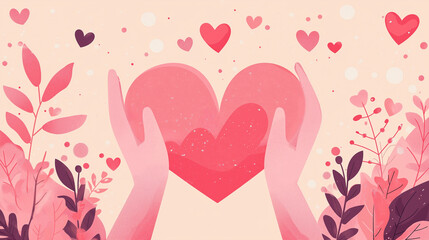 background with heart, Valentine's Day, love, two hands holding a heart, romantic pink background.