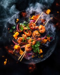 Delicious grilled shrimp skewers with vibrant vegetables, garnished with fresh herbs.