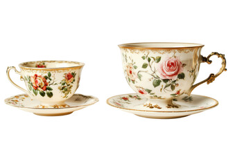 Romantic Rose Teacups: Elegant porcelain teacups and saucers adorned with delicate rose floral patterns, perfect for afternoon tea or a romantic setting.  
