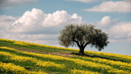 Lonely Olive Tree on a Hill Surrounded by Blooming Yellow Flowers