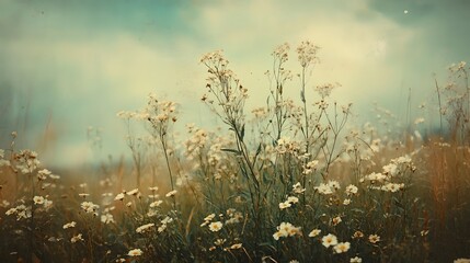 Obraz premium Scenic midsummer landscape with blooming wildflowers and daisies in a lush green meadow Tranquil and serene rural countryside scenery with vibrant floral elements