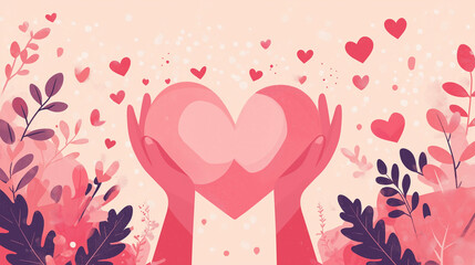 background with heart, Valentine's Day, love, two hands holding a heart, romantic pink background.