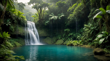 Lush Waterfall Deep in the Jungle Cascading Down into a Serene Pool