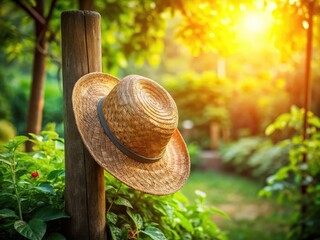 Deep focus captures a straw hat in vibrant summer garden surroundings, highlighting its detail amidst soft bokeh.