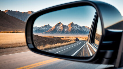 Mountains Reflected in a Car Side Mirror During a Road Trip