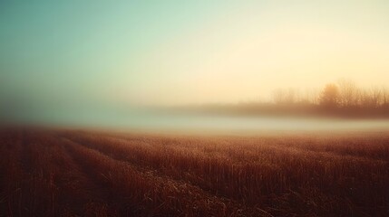 Fototapeta premium Misty atmospheric landscape of a grassy field in the countryside with a glowing horizon and hazy dreamlike during the early morning hours The serene