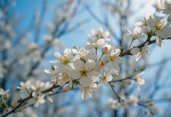 Obraz premium White cherry blossoms blooming on sunny spring day