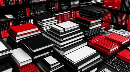 Abstract 3D rendering of stacked red and black blocks forming a complex structure