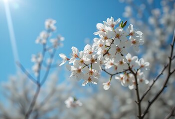 Obraz premium White cherry blossoms blooming on sunny spring day