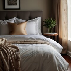 Cozy Bedroom with White Bedding and Tan Throw Blanket