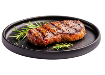 Perfectly Grilled Strip Steak: A succulent, perfectly grilled strip steak rests on a black plate, adorned with fresh rosemary sprigs, evoking the essence of culinary excellence.  