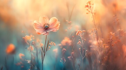 Obraz premium Delicate blooming flowers in a serene meadow bathed in the warm glow of a sunset or sunrise A tranquil natural landscape scene full of beauty harmony and natural wonder