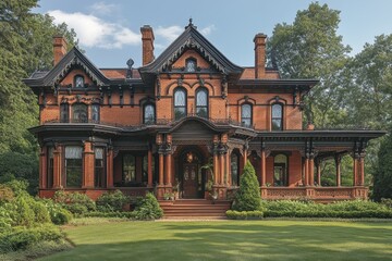 Fototapeta premium Historic mansion showcases intricate architecture and lush landscaping in a tranquil setting during daylight