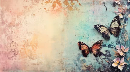 Fotobehang  Vintage-inspired butterfly collage with pastel tones, retro textures, and floral accents, perfect for junk journal backgrounds, artistic designs, or boho decor  © Julia