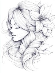 Fototapeta premium Elegant Line Art Portrait of a Serene Woman with Floral Accents