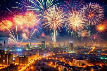 Double Exposure Happy New Year 2025 Celebration - Festive Fireworks & Cityscape