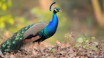 Fototapeta premium Vibrant Display of a Male Indian Peafowl - Pavo cristatus Showcasing Its Colorful Plumage in a Captivating Aviary Setting
