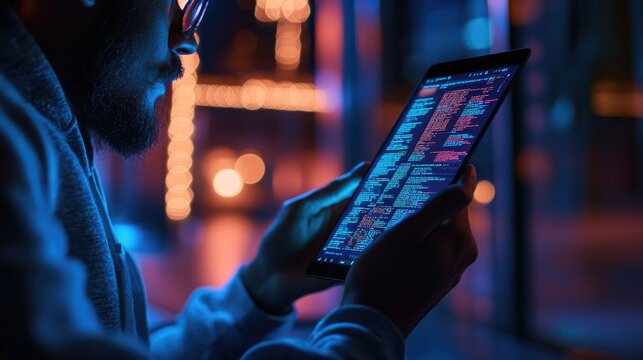 Man reviewing code on a tablet at night