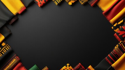 Kente cloth frame with blank space, represents African unity and heritage, Black History Month background