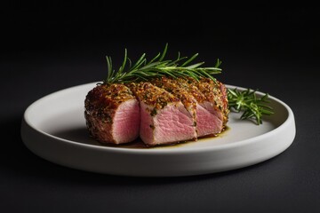 Succulent roasted lamb loin with herbs, served on a minimalist plate, highlighting its vibrant pink interior.
