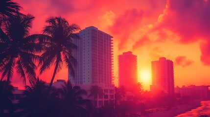 Breathtaking sunset view of a tropical city skyline with towering skyscrapers and swaying palm trees silhouetted against a vibrant fiery orange and pink sky  Scenic dramatic