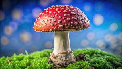 Enchanted miniature fly agaric mushroom, CGI 4K animation, tilt-shift effect, isolated, green screen ready.