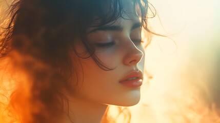 Serene and pensive young woman with closed eyes under warm natural lighting  Closeup portrait of a beautiful fashionable female model with flawless skin and soft natural makeup