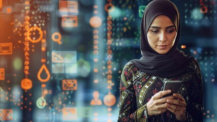 Businesswoman wearing hijab using smartphone with digital holographic overlay - Powered by Adobe
