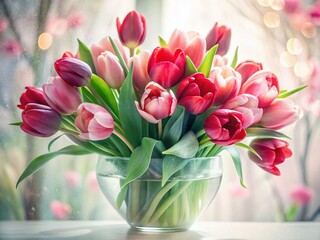 Obraz premium Double Exposure: Vibrant Red & Pink Tulips in Glass Vase, White Background